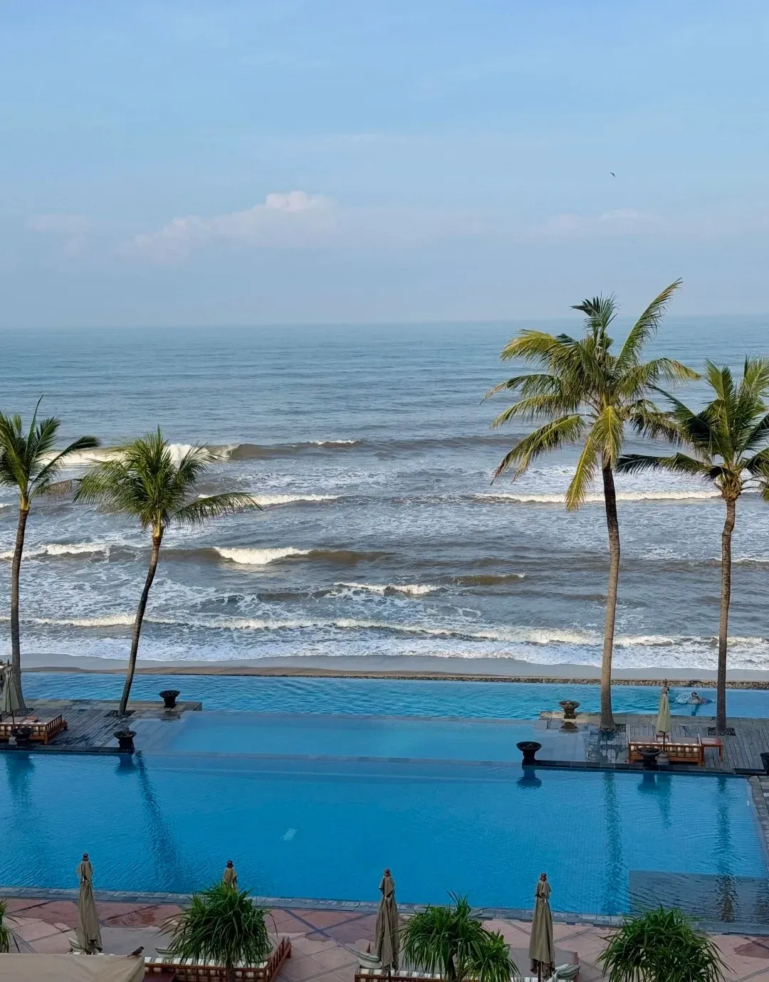 Looking down over the infinity pool and the beach to the surf, with palms along the sand