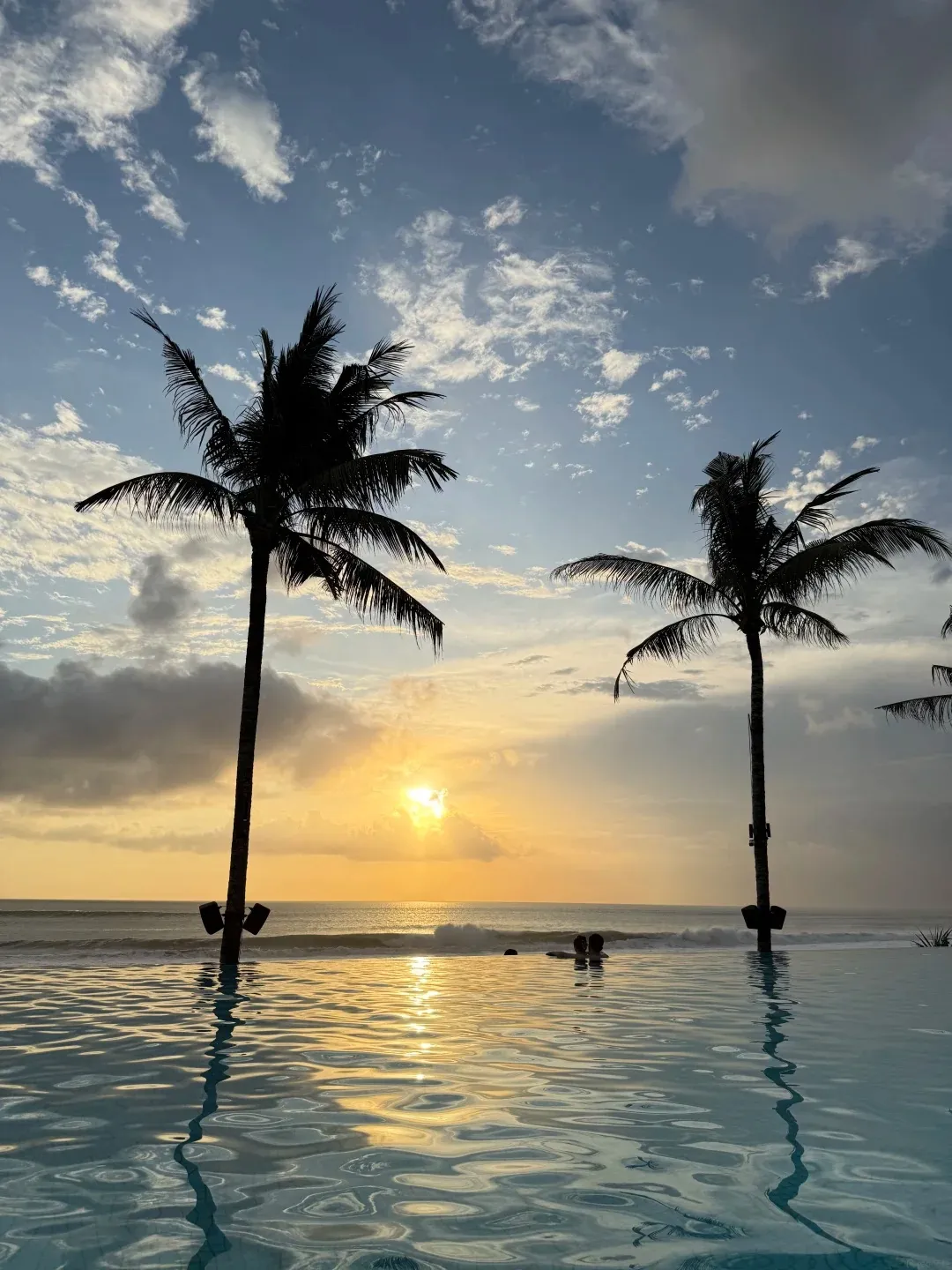 Two palms silhouetted against the sunset, reflected in the infinity pool